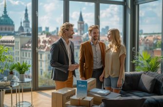 Семейная пара и агент по недвижимости в новой квартире в Польше визуализация