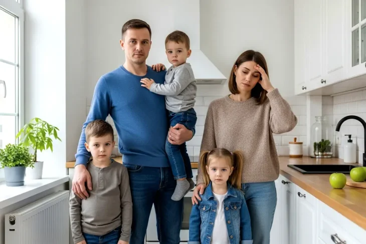 Грустная семья на кухне