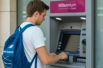 Мужчина снимает наличные в банкомате Millennium Bank