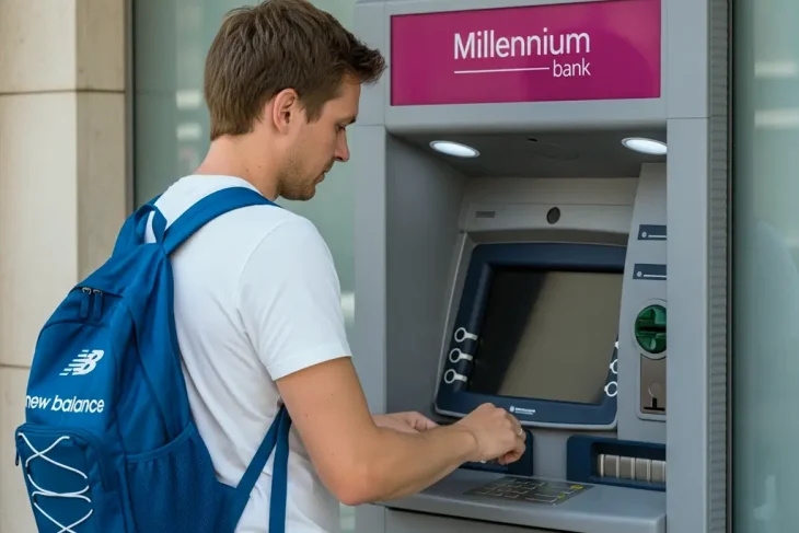 Мужчина снимает наличные в банкомате Millennium Bank