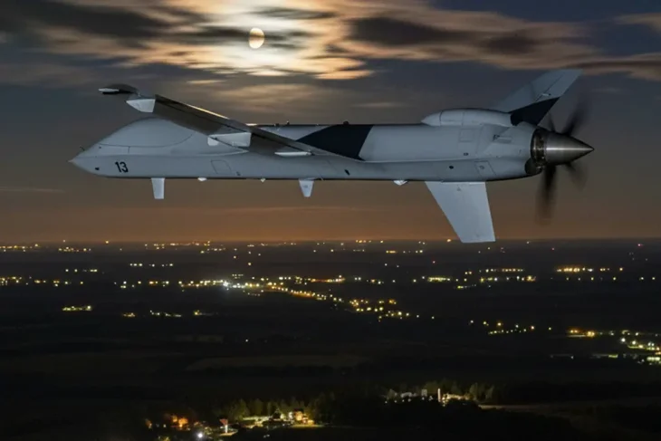 Дрон летит ночью над населенным пунктом