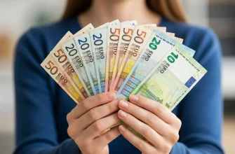 Женщина держит деньги похожие на евро