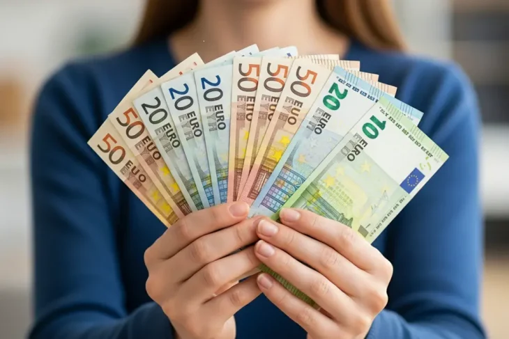 Женщина держит деньги похожие на евро