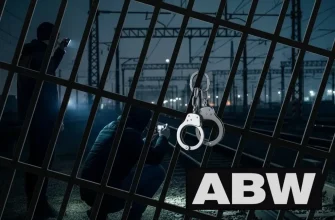 Концептуальное изображение о борьбе ABW (Агентства внутренней безопасности Польши) с диверсией. На переднем плане — наручники и решетка, символизирующие задержание. На фоне железнодорожных путей две нечеткие фигуры (преступники / диверсанты) используют фонарики и мобильные телефоны для незаконной фотосъемки критической инфраструктуры. Логотип ABW в правом нижнем углу.
