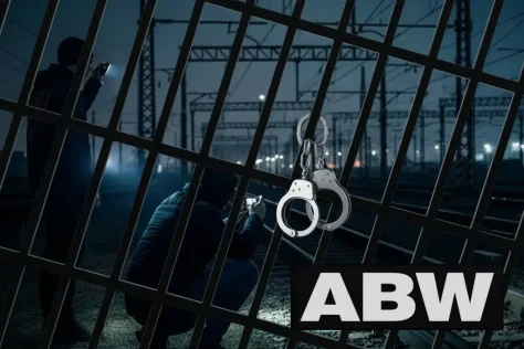 Концептуальное изображение о борьбе ABW (Агентства внутренней безопасности Польши) с диверсией. На переднем плане — наручники и решетка, символизирующие задержание. На фоне железнодорожных путей две нечеткие фигуры (преступники / диверсанты) используют фонарики и мобильные телефоны для незаконной фотосъемки критической инфраструктуры. Логотип ABW в правом нижнем углу.