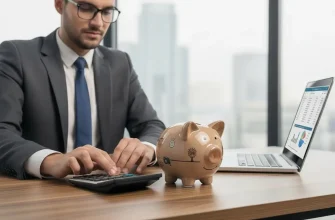 Мужчина в деловом костюме и очках, сидящий за рабочим столом, набирает что-то на калькуляторе. На столе стоит светло-коричневая керамическая копилка-свинья с нарисованными символами сбережений. Справа открытый ноутбук с финансовыми графиками на экране. На фоне — размытый городской пейзаж.