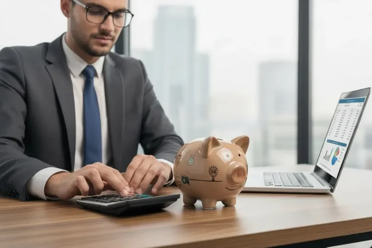 Мужчина в деловом костюме и очках, сидящий за рабочим столом, набирает что-то на калькуляторе. На столе стоит светло-коричневая керамическая копилка-свинья с нарисованными символами сбережений. Справа открытый ноутбук с финансовыми графиками на экране. На фоне — размытый городской пейзаж.