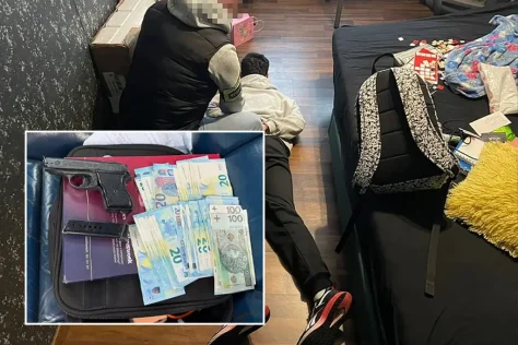 Коллаж, показывающий задержание человека на полу в комнате (вид сверху) в Варшаве (Польша) и врезанное изображение с изъятыми уликами: пистолет, магазин и крупные пачки евро и польских злотых. Лиц людей на фото не видно.