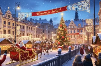 Яркий, заснеженный польский Старый город (Рыночная площадь) на Рождество. На переднем плане — Санта-Клаус в санях, запряженных северными оленями, на фоне наряженной елки, праздничной иллюминации и ярмарочных домиков. Над улицей висит красный транспарант с польской надписью «Wesołych Świąt!» (Счастливого Рождества!).