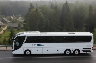 Современный белый автобус PKS Nova едет по дороге, проходящей мимо небольшой деревни с традиционными деревянными домами и густого леса, окутанного туманом.