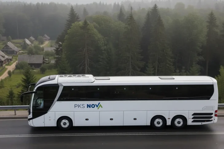Современный белый автобус PKS Nova едет по дороге, проходящей мимо небольшой деревни с традиционными деревянными домами и густого леса, окутанного туманом.
