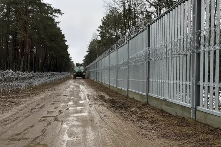 Физическая ограда на польско-беларуской границе, состоящая из высокого металлического забора с колючей проволокой, проходящая через густой лес. По грязной дороге едет военный или пограничный автомобиль.