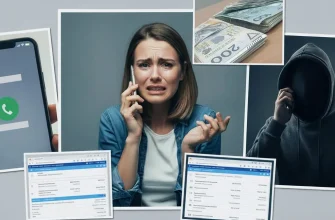 Коллаж, изображающий жертву мошенничества (плачущая женщина с телефоном), крупную сумму польских злотых, скриншоты банковских переводов и силуэт преступника в капюшоне, символизирующие мошенничество "на сотрудника банка".