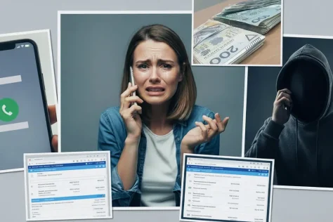 Коллаж, изображающий жертву мошенничества (плачущая женщина с телефоном), крупную сумму польских злотых, скриншоты банковских переводов и силуэт преступника в капюшоне, символизирующие мошенничество "на сотрудника банка".