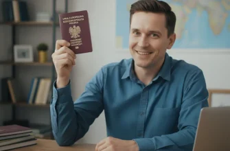 Мужчина за столом держит в поднятой руке бордовый польский заграничный паспорт.