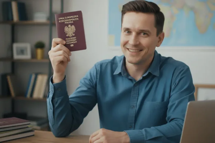 Мужчина за столом держит в поднятой руке бордовый польский заграничный паспорт.