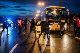 Ночная сцена конфликта на трассе S8 в Польше. Группа людей с закрытыми лицами и дубинками атакует туристический автобус "Madrid Travel". Прибывший полицейский с щитом пытается сдержать нападавших.