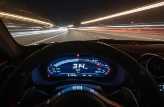 Вид из салона спортивного автомобиля на ночную дорогу, где приборная панель показывает скорость 314 км/ч. Яркие линии света на лобовом стекле создают эффект движения и скорости.