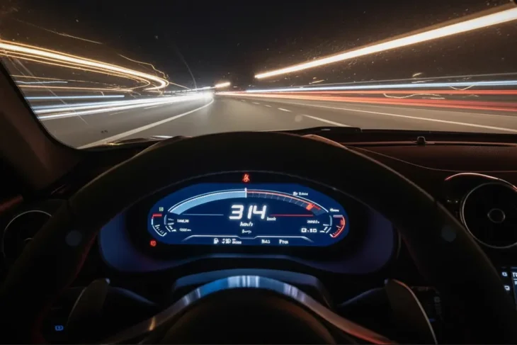 Вид из салона спортивного автомобиля на ночную дорогу, где приборная панель показывает скорость 314 км/ч. Яркие линии света на лобовом стекле создают эффект движения и скорости.