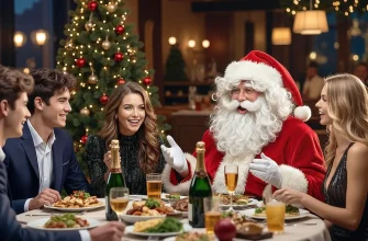 Группа молодых людей и мужчина в костюме Санта-Клауса за праздничным столом во время новогоднего ужина. На заднем плане сияет наряженная елка.