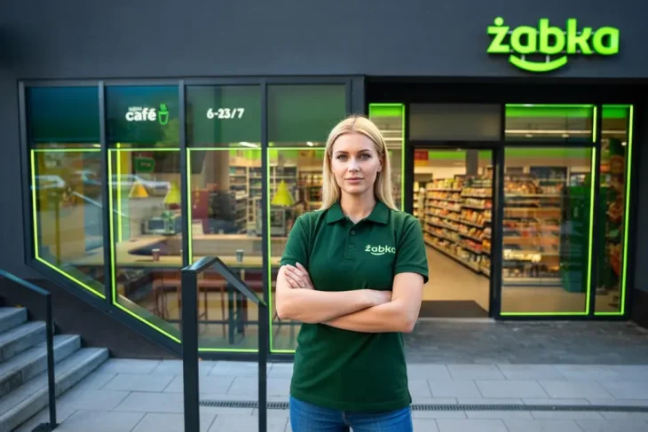 Молодая светловолосая женщина в темно-зеленой униформе поло с логотипом Żabka стоит со скрещенными руками на фоне входа в ярко освещенный магазин Żabka.