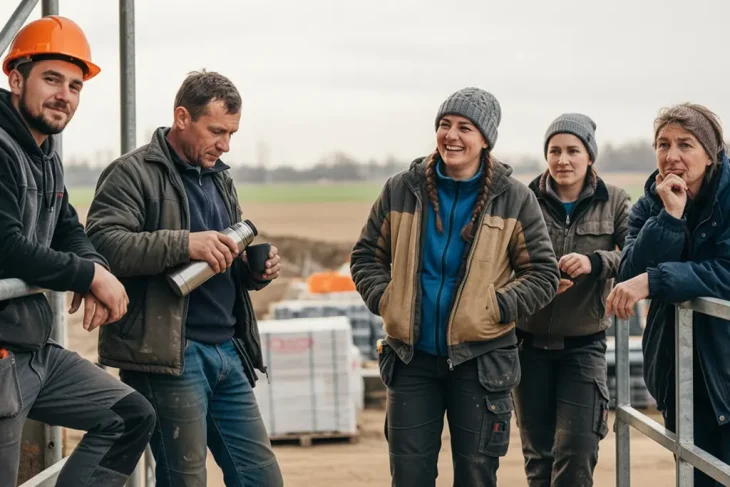 Пять рабочих в теплой одежде разговаривают во время перерыва на улице.
