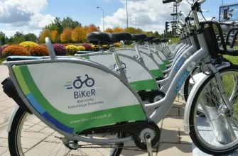 Ряд серебристо-белых городских велосипедов BiKeR на станции проката в Белостоке. На велосипедах виден логотип "BiKeR Białostocka Komunikacja Rowerowa". На заднем плане виднеются ухоженные осенние клумбы с цветами.