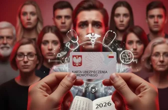 Руки держат польскую карту медицинского страхования на фоне группы серьезных людей.