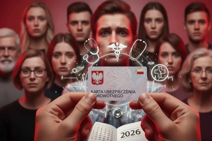 Руки держат польскую карту медицинского страхования на фоне группы серьезных людей.