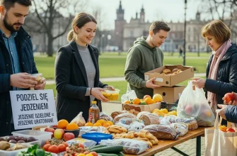 Люди стоят за столом с разнообразными продуктами питания и информационной табличкой.