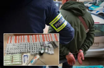 Полицейский в форме с нарукавником "POLICJA" задерживает мужчину, изъятые лекарства