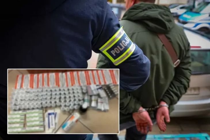 Полицейский в форме с нарукавником "POLICJA" задерживает мужчину, изъятые лекарства