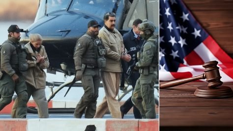 Вооруженные люди в форме ведут Николаса Мадуро и его жену под конвоем на фоне вертолета.