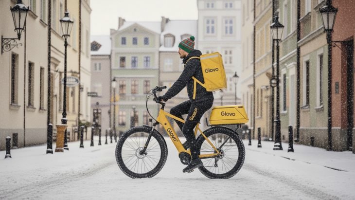 Курьер Glovo в Польше едет на велосипеде по заснеженной улице города.