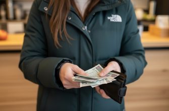 Женщина в зеленой куртке держит в руках польские банкноты и кошелек.