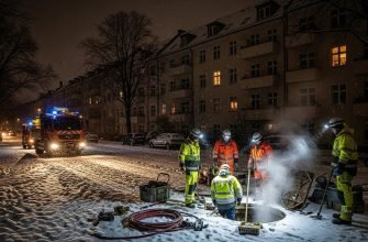 Рабочие в яркой форме ремонтируют подземные коммуникации на заснеженной ночной улице.