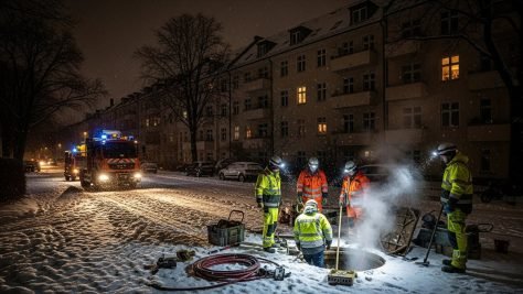 Рабочие в яркой форме ремонтируют подземные коммуникации на заснеженной ночной улице.