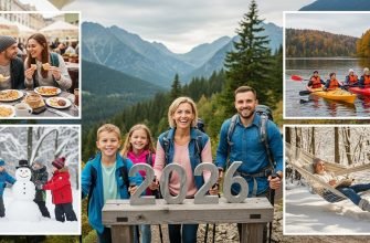 Коллаж с семьей в горах и различными видами сезонного активного отдыха.